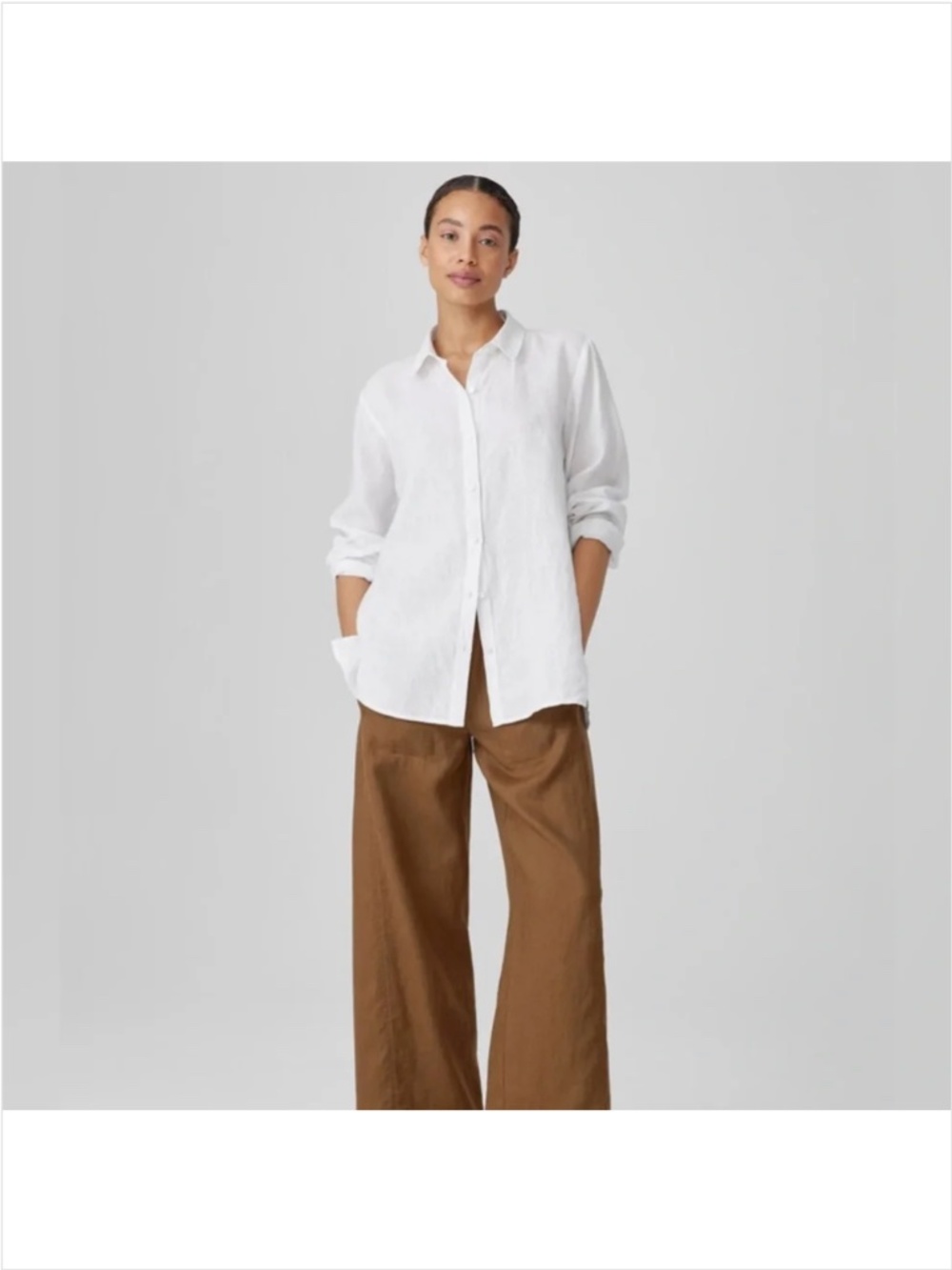 Eileen Fisher White Classic Handkerchief Linen Button Down Shirt Top XL New